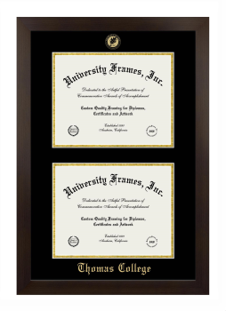 Thomas College Double Degree (Stacked) Frame in Manhattan Espresso with Black & Gold Mats for document: 8 1/2"h x 11"w  , document: 8 1/2"h x 11"w  