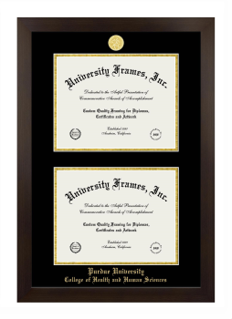Purdue University College of Health and Human Sciences Double Degree (Stacked) Frame in Manhattan Espresso with Black & Gold Mats for document: 8 1/2"h x 11"w  , document: 8 1/2"h x 11"w  