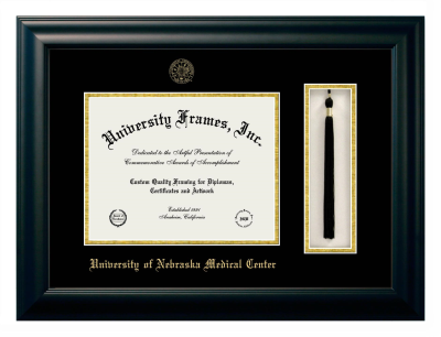 University of Nebraska Medical Center Diploma with Tassel Box Frame in Satin Black with Black & Gold Mats for document: 8 1/2"h x 11"w  