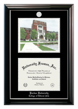 Purdue University College of Liberal Arts Double Opening with Campus Image (Stacked) Frame in Classic Ebony with Silver Trim with Black & Silver Mats for document: 8 1/2"h x 11"w  