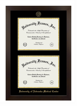 University of Nebraska Medical Center Double Degree (Stacked) Frame in Manhattan Espresso with Black & Gold Mats for document: 8 1/2"h x 11"w  , document: 8 1/2"h x 11"w  