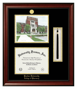 Purdue University College of Pharmacy Double Opening with Campus Image & Tassel Box (Stacked) Frame in Avalon Mahogany with Black & Gold Mats for document: 8 1/2"h x 11"w  