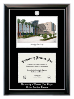 University of Nevada Las Vegas Medical Assistant Program Double Opening with Campus Image (Stacked) Frame in Classic Ebony with Silver Trim with Black & Silver Mats for document: 8 1/2"h x 11"w  
