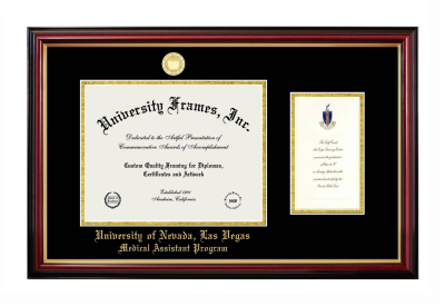 University of Nevada Las Vegas Medical Assistant Program Diploma with Announcement Frame in Petite Mahogany with Gold Trim with Black & Gold Mats for document: 8 1/2"h x 11"w  , diploma: 7"h x 4"w  