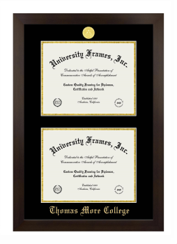 Thomas More College Double Degree (Stacked) Frame in Manhattan Espresso with Black & Gold Mats for document: 8 1/2"h x 11"w  , document: 8 1/2"h x 11"w  