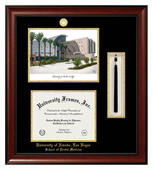 University of Nevada Las Vegas School of Dental Medicine Double Opening with Campus Image & Tassel Box (Stacked) Frame in Avalon Mahogany with Black & Gold Mats for document: 8 1/2"h x 11"w  