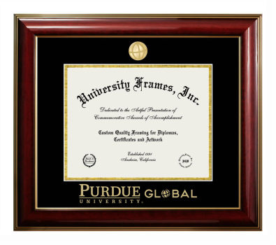 Purdue University Global Diploma Frame in Classic Mahogany with Gold Trim with Black & Gold Mats for DOCUMENT: 8 1/2"H X 11"W  