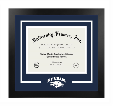 University of Nevada Reno Logo Mat Frame in Manhattan Black with Navy Blue & White Mats for DOCUMENT: 8 1/2"H X 11"W  
