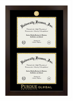 Purdue University Global Double Degree (Stacked) Frame in Manhattan Espresso with Black & Gold Mats for DOCUMENT: 8 1/2"H X 11"W  , DOCUMENT: 8 1/2"H X 11"W  