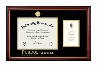 Purdue University Global Diploma with Announcement Frame in Petite Mahogany with Gold Trim with Black & Gold Mats for DOCUMENT: 8 1/2"H X 11"W  ,  7"H X 4"W  