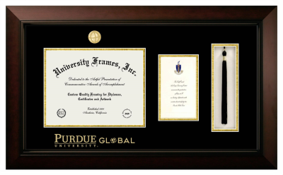 Purdue University Global Diploma with Announcement & Tassel Box Frame in Legacy Black Cherry with Black & Gold Mats for document: 8 1/2"h x 11"w  , diploma: 7"h x 4"w  