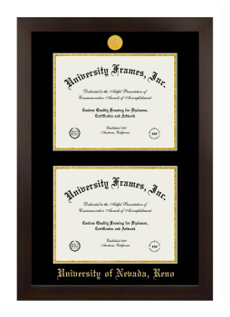 University of Nevada Reno Double Diploma Frame in Manhattan Espresso with Black & Gold Mats for DOCUMENT: 8 1/2"H X 11"W  , DOCUMENT: 8 1/2"H X 11"W  