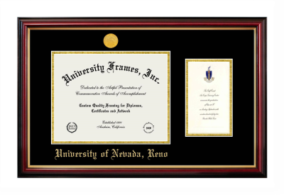 University of Nevada Reno Diploma with Announcement Frame in Petite Mahogany with Gold Trim with Black & Gold Mats for document: 8 1/2"h x 11"w  , diploma: 7"h x 4"w  