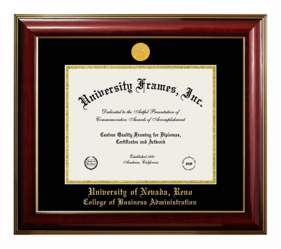 University of Nevada Reno College of Business Administration Diploma Frame in Classic Mahogany with Gold Trim with Black & Gold Mats for document: 8 1/2"h x 11"w  