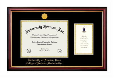University of Nevada Reno College of Business Administration Diploma with Announcement Frame in Petite Mahogany with Gold Trim with Black & Gold Mats for document: 8 1/2"h x 11"w  , diploma: 7"h x 4"w  