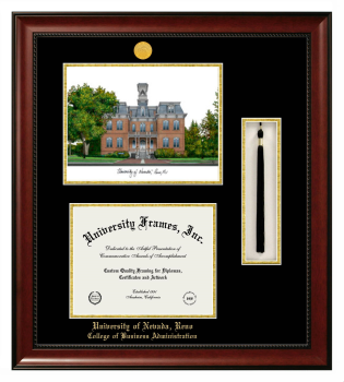 University of Nevada Reno College of Business Administration Double Opening with Campus Image & Tassel Box (Stacked) Frame in Avalon Mahogany with Black & Gold Mats for document: 8 1/2"h x 11"w  