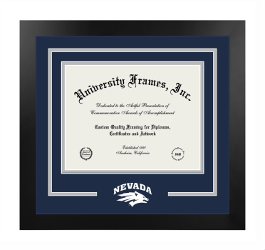 University of Nevada Reno College of Liberal Arts Logo Mat Frame in Manhattan Black with Navy Blue & Gray Mats for document: 8 1/2"h x 11"w  