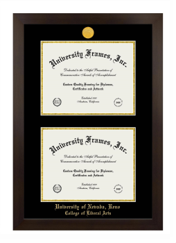University of Nevada Reno College of Liberal Arts Double Degree (Stacked) Frame in Manhattan Espresso with Black & Gold Mats for document: 8 1/2"h x 11"w  , document: 8 1/2"h x 11"w  
