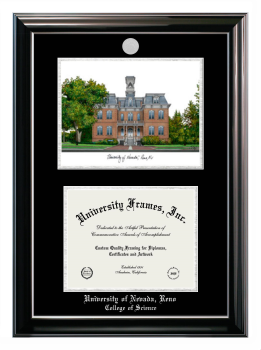University of Nevada Reno College of Science Double Opening with Campus Image (Stacked) Frame in Classic Ebony with Silver Trim with Black & Silver Mats for document: 8 1/2"h x 11"w  