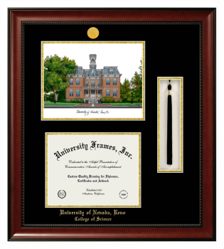 University of Nevada Reno College of Science Double Opening with Campus Image & Tassel Box (Stacked) Frame in Avalon Mahogany with Black & Gold Mats for document: 8 1/2"h x 11"w  