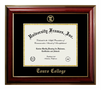 Touro College Diploma Frame in Classic Mahogany with Gold Trim with Black & Gold Mats for DOCUMENT: 8 1/2"H X 11"W  
