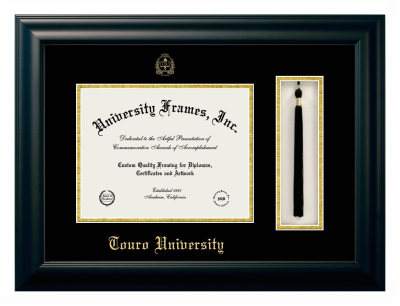 Touro University (Nevada) Diploma with Tassel Box Frame in Satin Black with Black & Gold Mats for document: 8 1/2"h x 11"w  