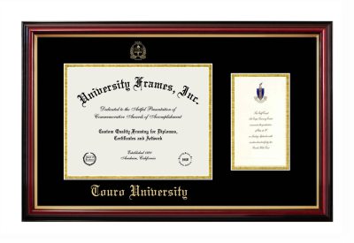 Touro University (Nevada) Diploma with Announcement Frame in Petite Mahogany with Gold Trim with Black & Gold Mats for document: 8 1/2"h x 11"w  , diploma: 7"h x 4"w  