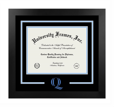 Quinnipiac University Logo Mat Frame in Manhattan Black with Black & Light Blue Mats for document: 8 1/2"h x 11"w  