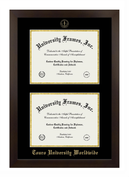 Touro University Worldwide Double Degree (Stacked) Frame in Manhattan Espresso with Black & Gold Mats for document: 8 1/2"h x 11"w  , document: 8 1/2"h x 11"w  