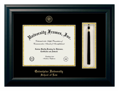 Quinnipiac University School of Law Diploma with Tassel Box Frame in Satin Black with Black & Gold Mats for DOCUMENT: 8 1/2"H X 11"W  