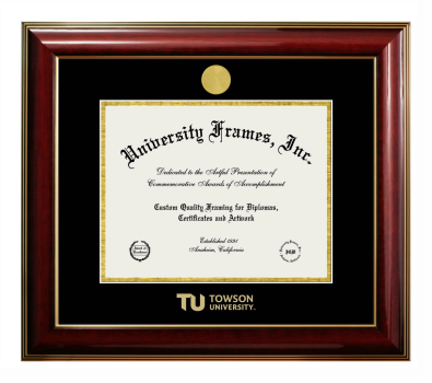 Towson University Diploma Frame in Classic Mahogany with Gold Trim with Black & Gold Mats for DOCUMENT: 8 1/2"H X 11"W  