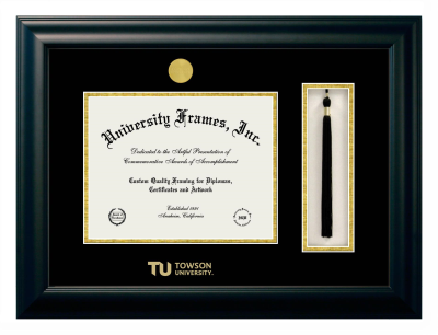 Towson University Diploma with Tassel Box Frame in Satin Black with Black & Gold Mats for document: 8 1/2"h x 11"w  