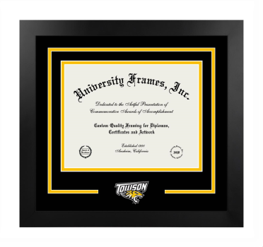 Towson University Logo Mat Frame in Manhattan Black with Black & Amber Mats for DOCUMENT: 8 1/2"H X 11"W  