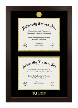 Towson University Double Degree (Stacked) Frame in Manhattan Espresso with Black & Gold Mats for document: 8 1/2"h x 11"w  , document: 8 1/2"h x 11"w  