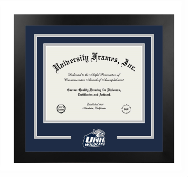 University of New Hampshire Logo Mat Frame in Manhattan Black with Navy Blue & Gray Mats for DOCUMENT: 8 1/2"H X 11"W  