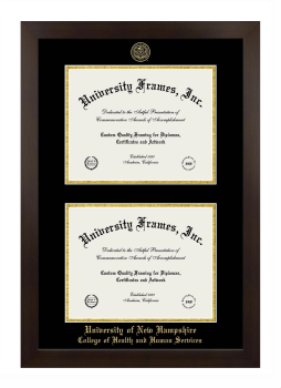University of New Hampshire College of Health and Human Services Double Degree (Stacked) Frame in Manhattan Espresso with Black & Gold Mats for document: 8 1/2"h x 11"w  , document: 8 1/2"h x 11"w  
