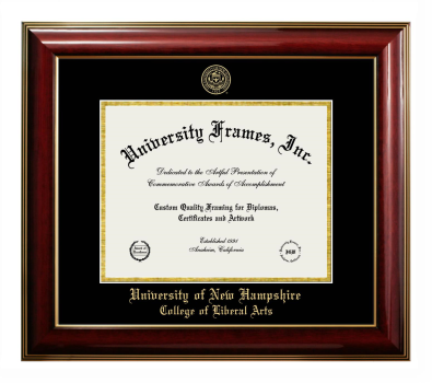 University of New Hampshire College of Liberal Arts Diploma Frame in Classic Mahogany with Gold Trim with Black & Gold Mats for DOCUMENT: 8 1/2"H X 11"W  