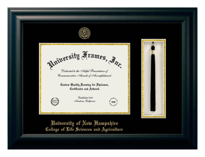 University of New Hampshire College of Life Sciences and Agriculture Diploma with Tassel Box Frame in Satin Black with Black & Gold Mats for DOCUMENT: 8 1/2"H X 11"W  