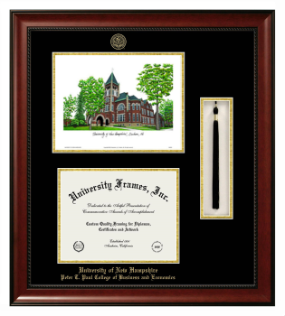 University of New Hampshire Peter T. Paul College of Business and Economics Double Opening with Campus Image & Tassel Box (Stacked) Frame in Avalon Mahogany with Black & Gold Mats for document: 8 1/2"h x 11"w  