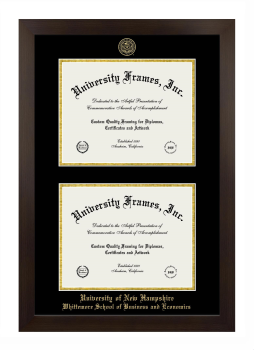 University of New Hampshire Whittemore School of Business and Economics Double Degree (Stacked) Frame in Manhattan Espresso with Black & Gold Mats for document: 8 1/2"h x 11"w  , document: 8 1/2"h x 11"w  