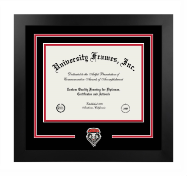 University of New Mexico Logo Mat Frame in Manhattan Black with Black & Red Mats for DOCUMENT: 8 1/2"H X 11"W  