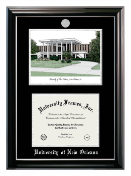 University of New Orleans Double Opening with Campus Image (Stacked) Frame in Classic Ebony with Silver Trim with Black & Silver Mats for document: 8 1/2"h x 11"w  