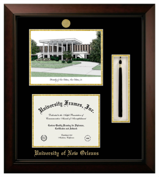 University of New Orleans Double Opening with Campus Image & Tassel Box (Stacked) Frame in Legacy Black Cherry with Black & Gold Mats for document: 8 1/2"h x 11"w  