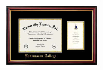 Rasmussen College (St. Cloud) Diploma with Announcement Frame in Petite Mahogany with Gold Trim with Black & Gold Mats for document: 8 1/2"h x 11"w  , diploma: 7"h x 4"w  