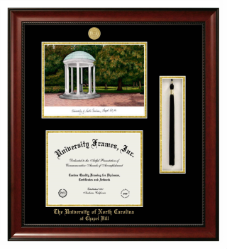 University of North Carolina at Chapel Hill Double Opening with Campus Image & Tassel Box (Stacked) Frame in Avalon Mahogany with Black & Gold Mats for DOCUMENT: 8 1/2"H X 11"W  