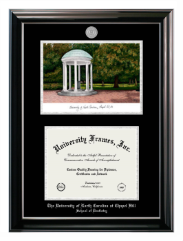 University of North Carolina at Chapel Hill School of Dentistry Double Opening with Campus Image (Stacked) Frame in Classic Ebony with Silver Trim with Black & Silver Mats for document: 8 1/2"h x 11"w  