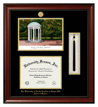 University of North Carolina at Chapel Hill School of Medicine Double Opening with Campus Image & Tassel Box (Stacked) Frame in Avalon Mahogany with Black & Gold Mats for document: 8 1/2"h x 11"w  