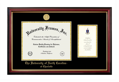 University of North Carolina at Charlotte Diploma with Announcement Frame in Petite Mahogany with Gold Trim with Black & Gold Mats for DOCUMENT: 8 1/2"H X 11"W  ,  7"H X 4"W  