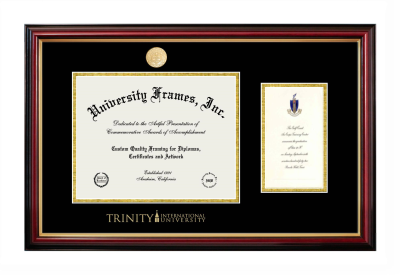 Trinity International University Diploma with Announcement Frame in Petite Mahogany with Gold Trim with Black & Gold Mats for document: 8 1/2"h x 11"w  , diploma: 7"h x 4"w  