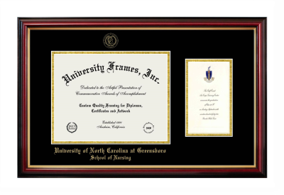 University of North Carolina at Greensboro School of Nursing Diploma with Announcement Frame in Petite Mahogany with Gold Trim with Black & Gold Mats for document: 8 1/2"h x 11"w  , diploma: 7"h x 4"w  